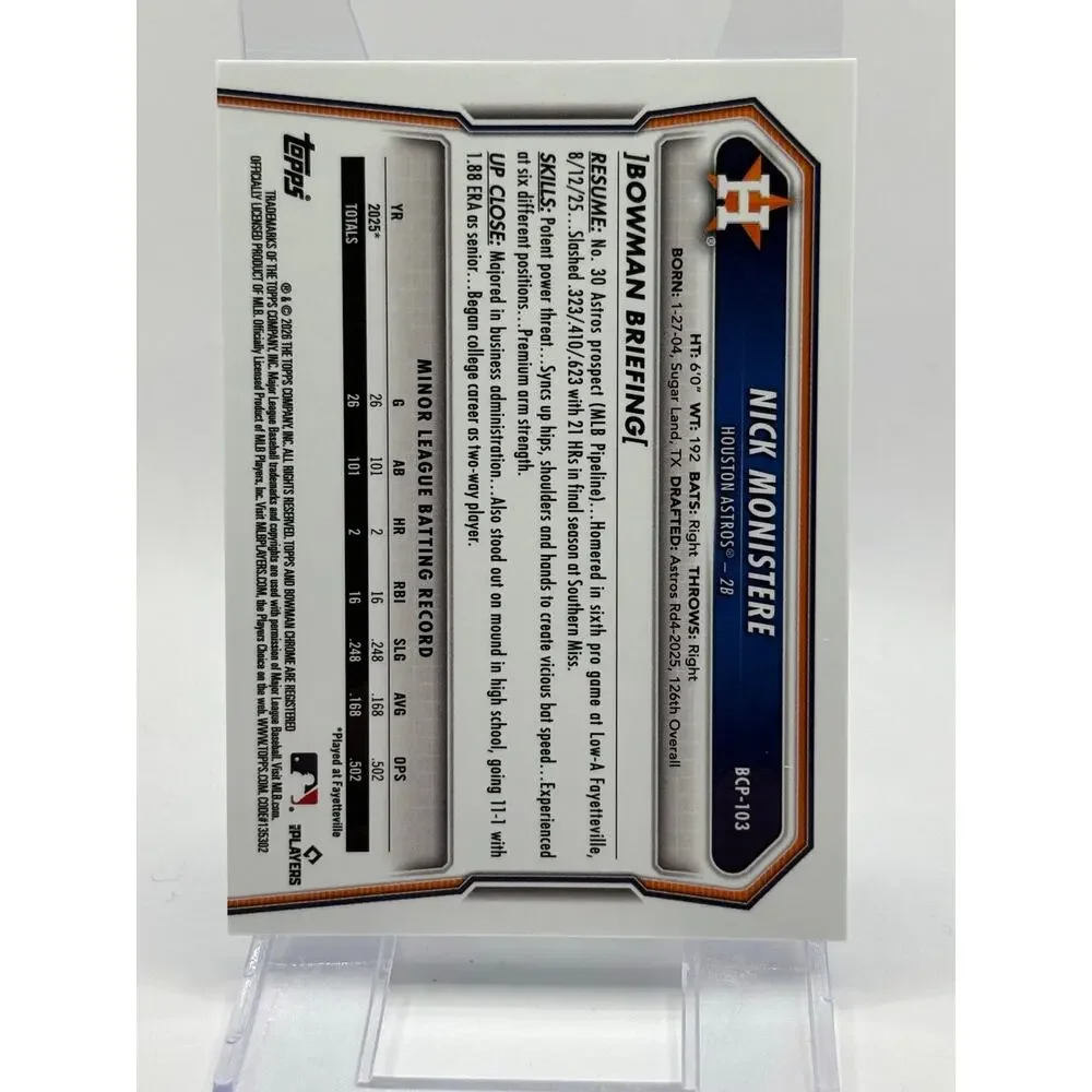 2026 Bowman Sapphire Nick Monistere 1st Chrome Prospect Houston Astros